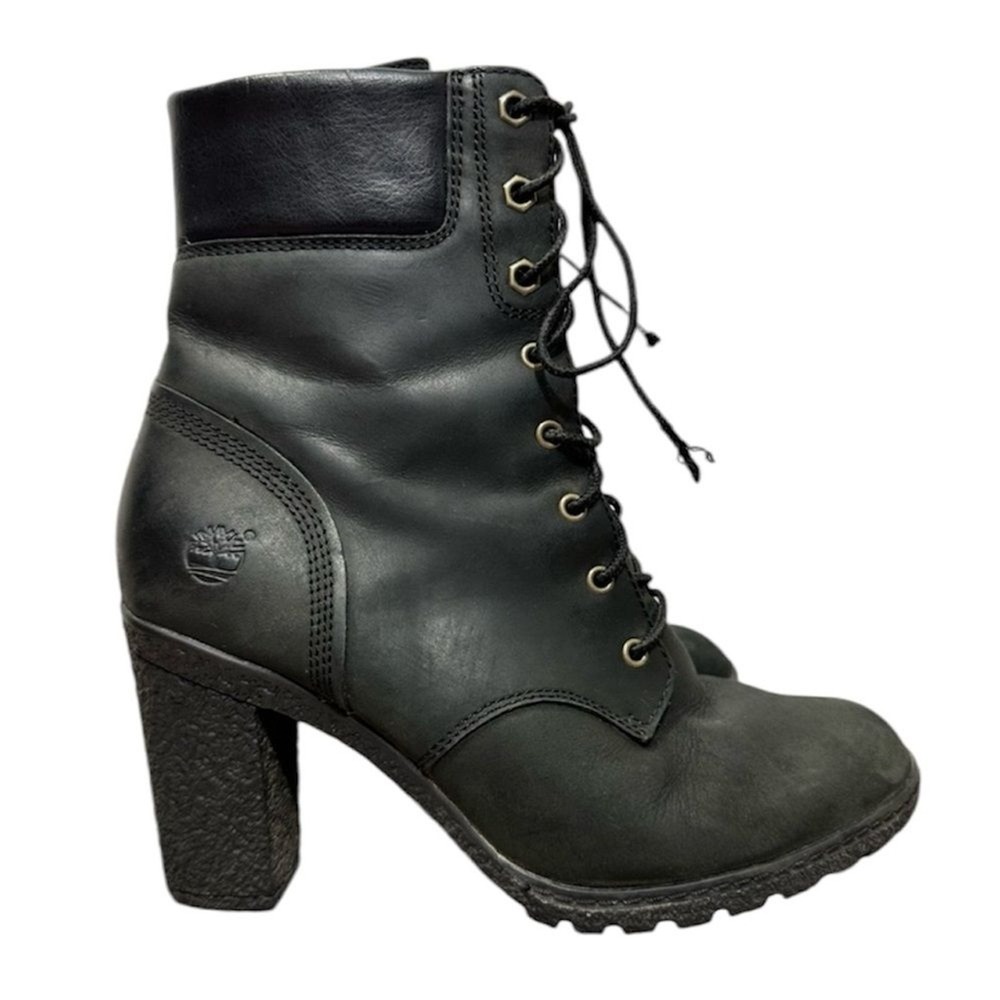 Timberland Earthkeepers Glancy 6-Inch Black Leather Lace Up Block Heel Boots 7.5